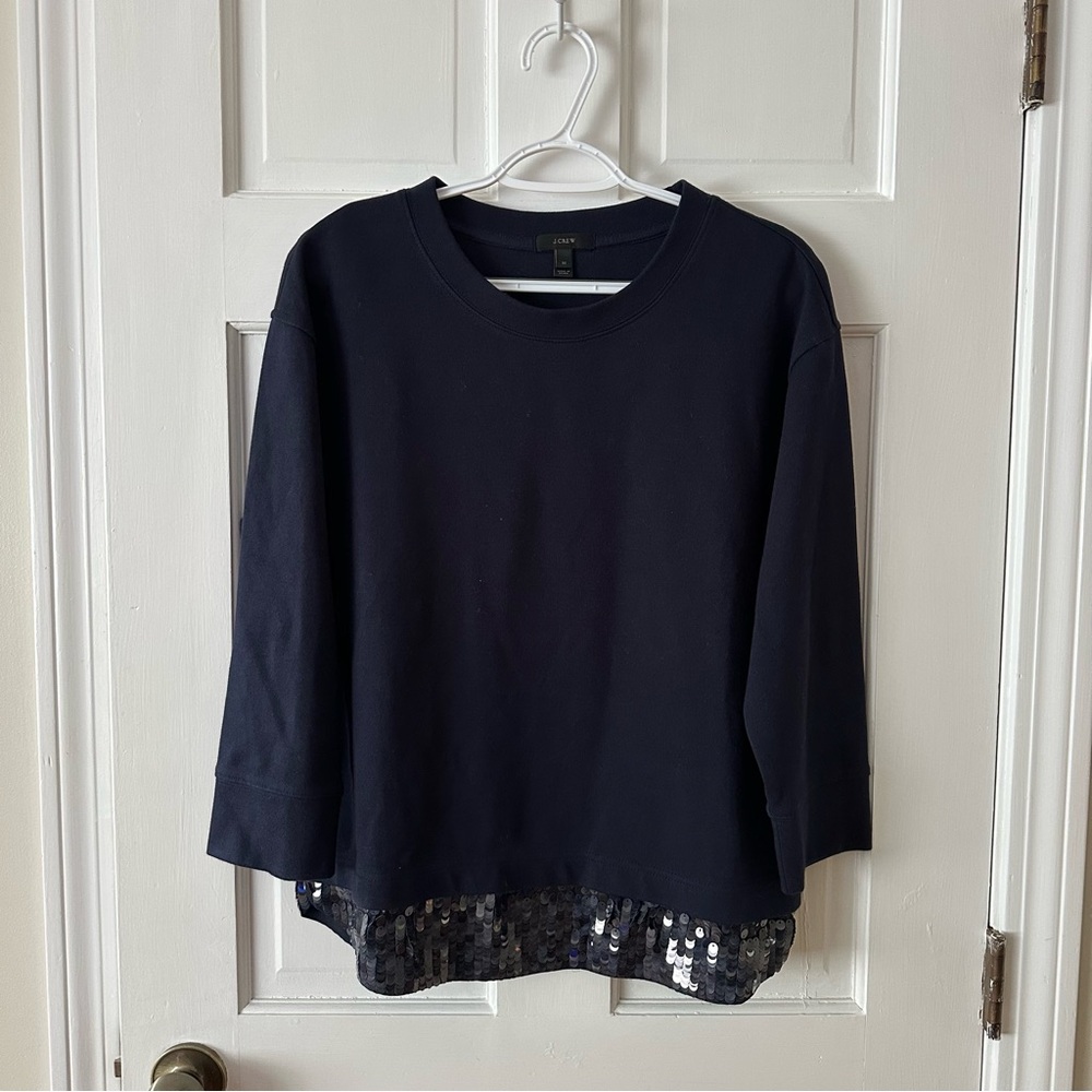 J. Crew Women’s Navy Sweatshirt Sequin Trim 3/4 Length Sleeves Size M